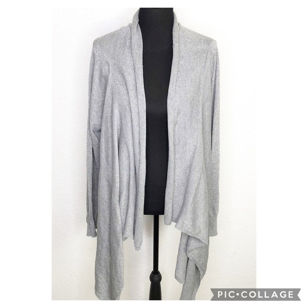 Michael Simon Studio gray silver metallic open front cardigan size Large